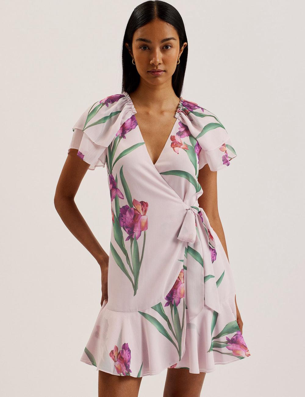 Pink Women Ted Baker FASNIA - Floral Angel Sleeve Wrap Mini Dresses | SA  TJE-793564
