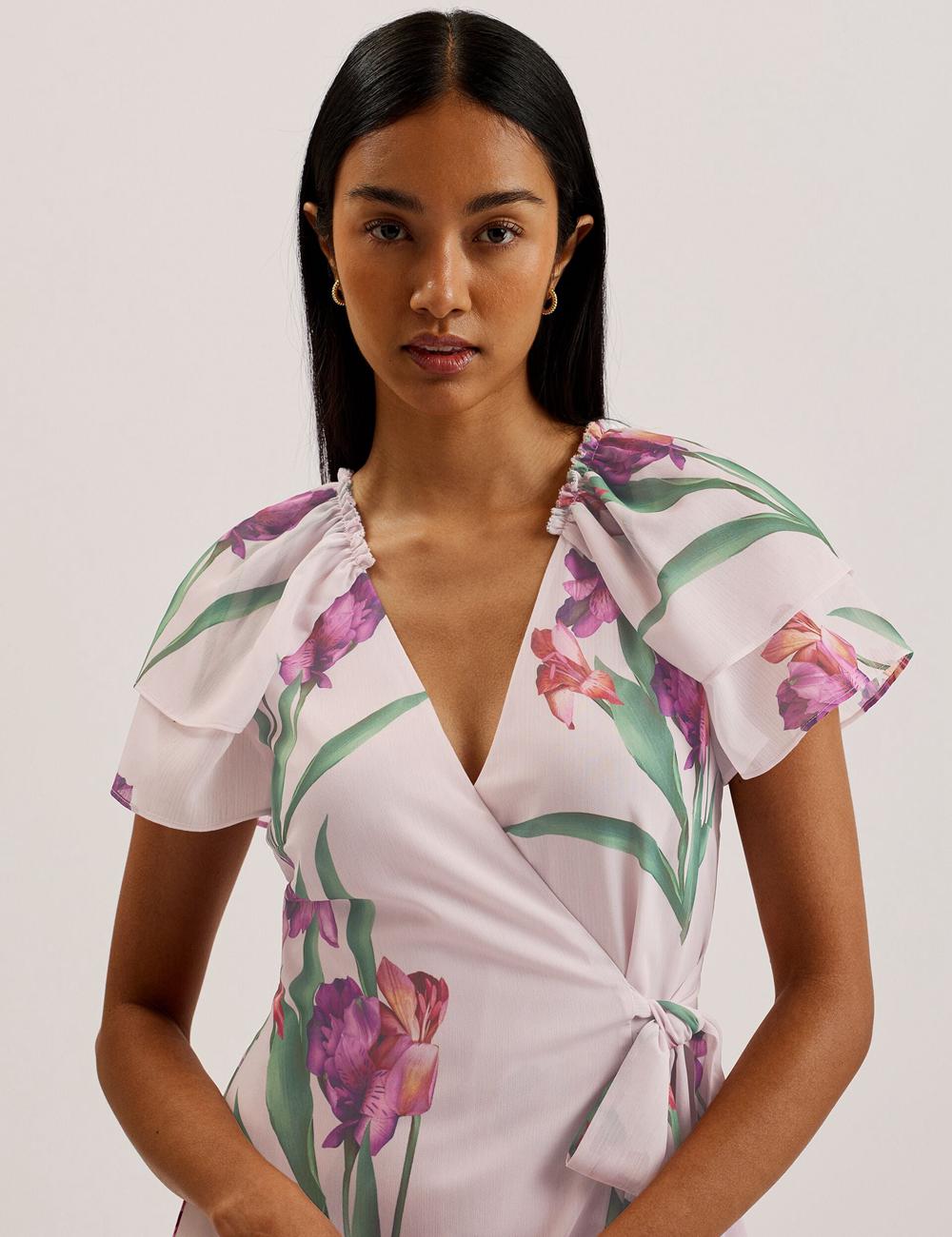 Pink Women Ted Baker FASNIA - Floral Angel Sleeve Wrap Mini Dresses | SA  TJE-793564