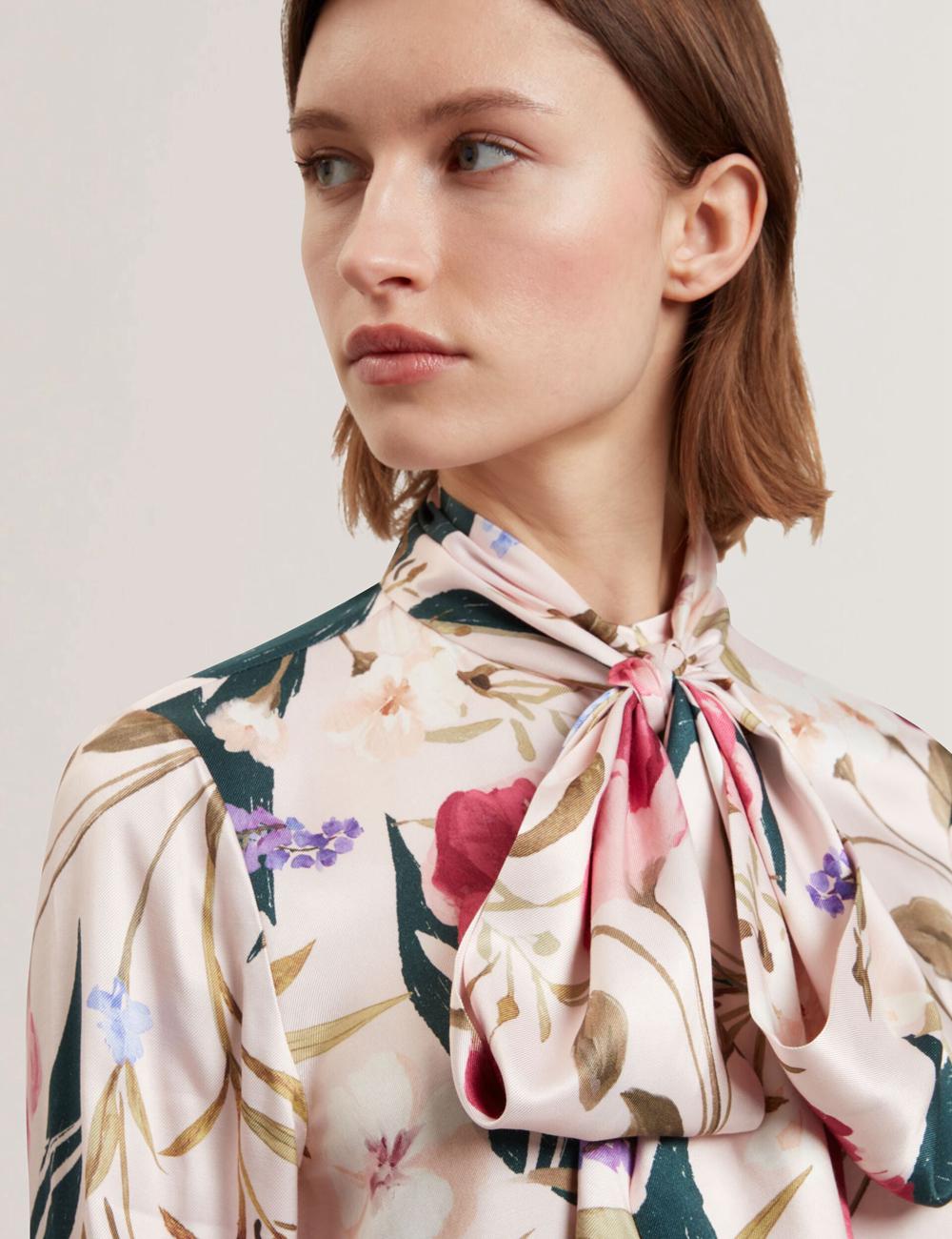 Pink Women Ted Baker LEEYAA - Floral Print Neck Longline Blouses | SA  AUJ-736102