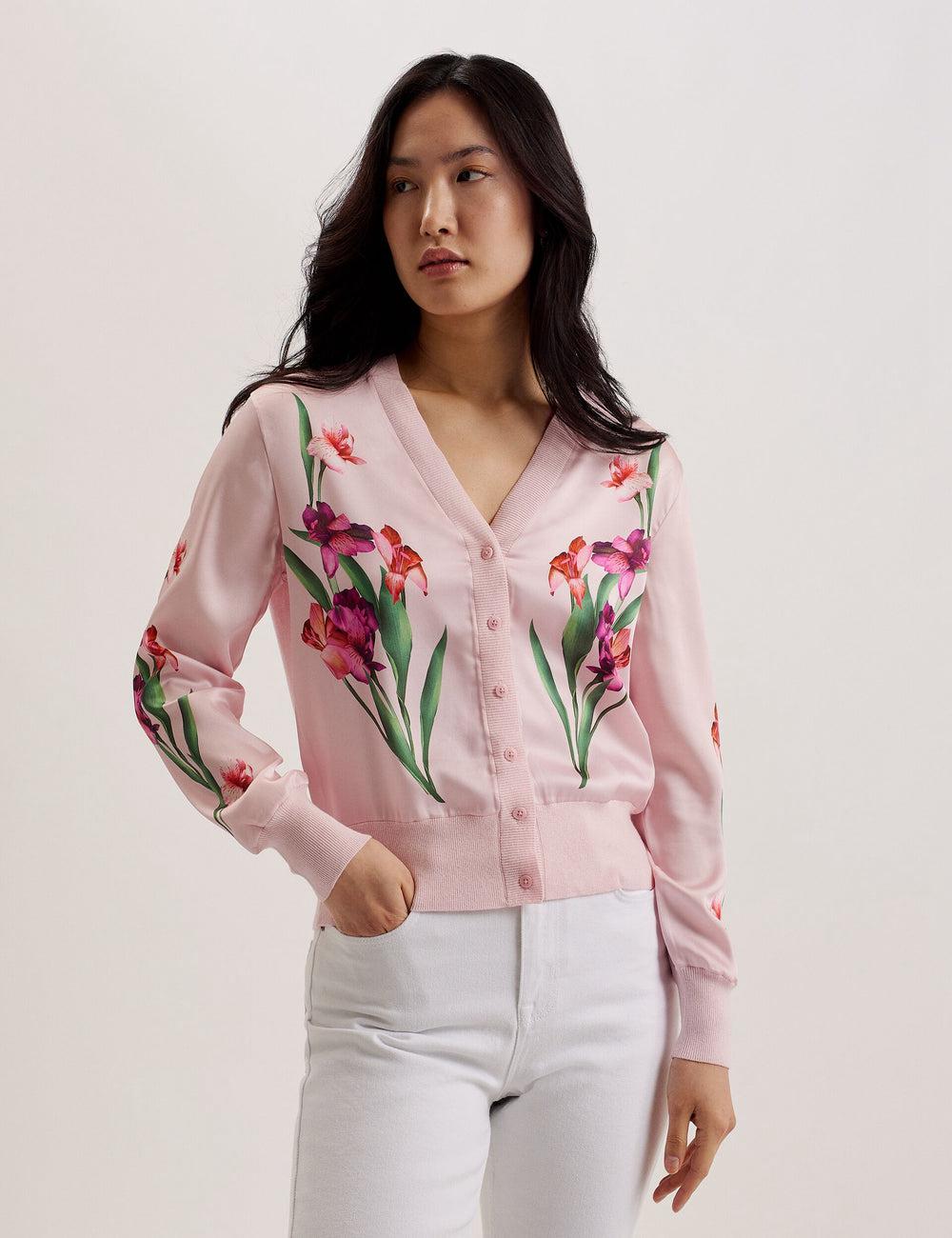 Pink Women Ted Baker MERALLL - Floral Woven Front V-Neck Cardigans | SA  DCH-108564