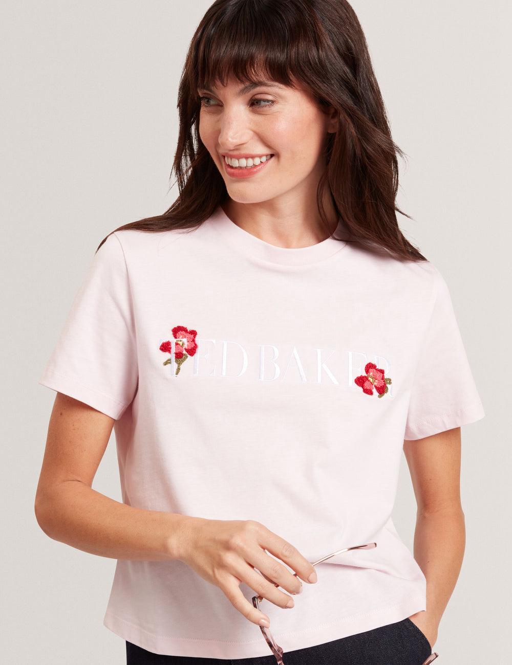 Pink Women Ted Baker MOLII - Embroidered Logo Cropped Cotton T-Shirts | SA  NBI-467159