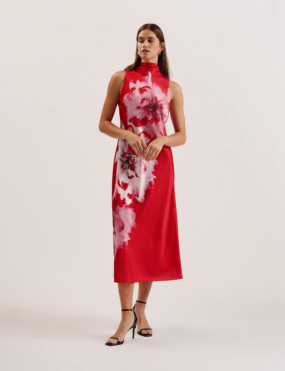 Red Women Ted Baker ALIARA - Floral Satin High Neck Sleeveless Midi Dresses | SA  MZC-501427