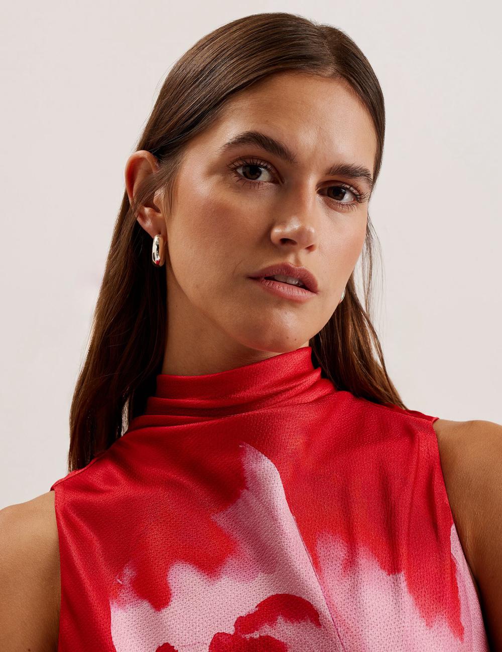 Red Women Ted Baker ALIARA - Floral Satin High Neck Sleeveless Midi Dresses | SA  MZC-501427