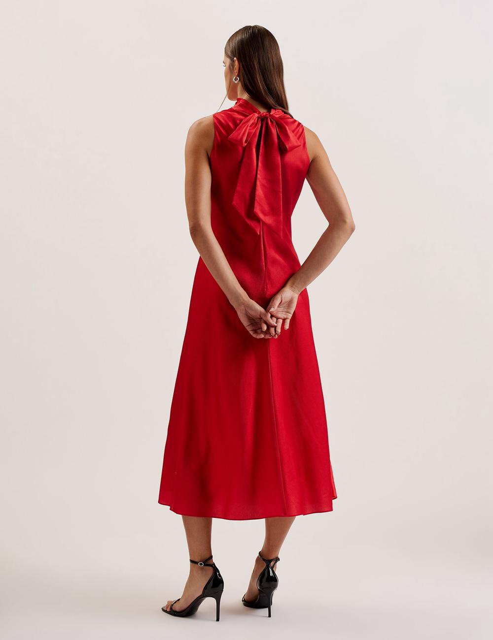 Red Women Ted Baker ALIARA - Floral Satin High Neck Sleeveless Midi Dresses | SA  MZC-501427