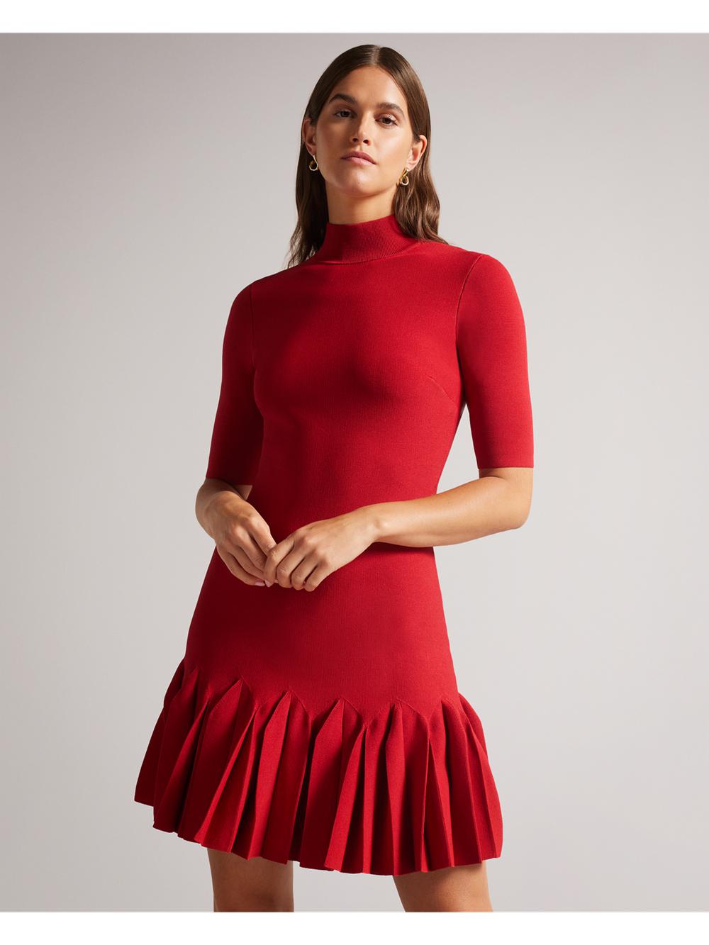 Red Women Ted Baker CANDDY - Pleated Hem Bodycon Knit Mini Dresses | SA  ABM-290635