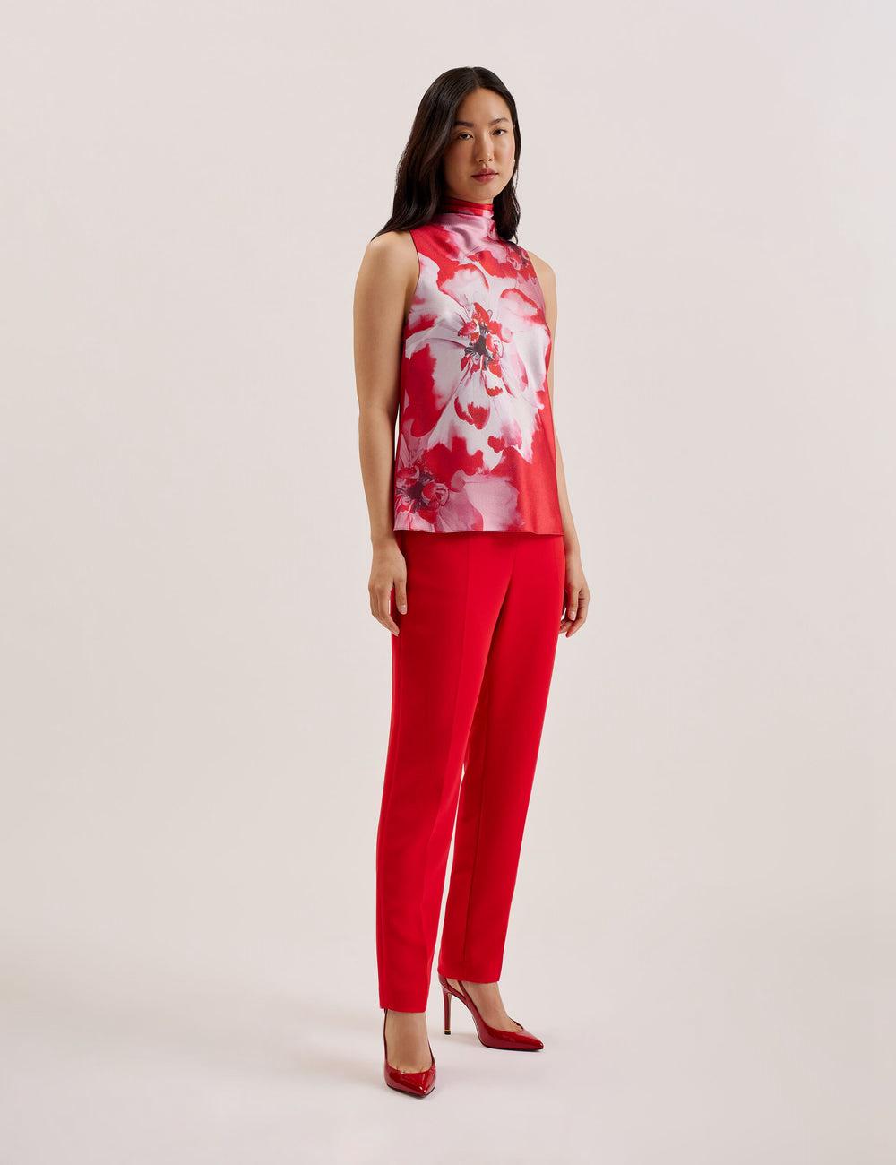 Red Women Ted Baker KOHANA - Floral Satin High Neck Sleeveless Top Blouses | SA  QCT-169743