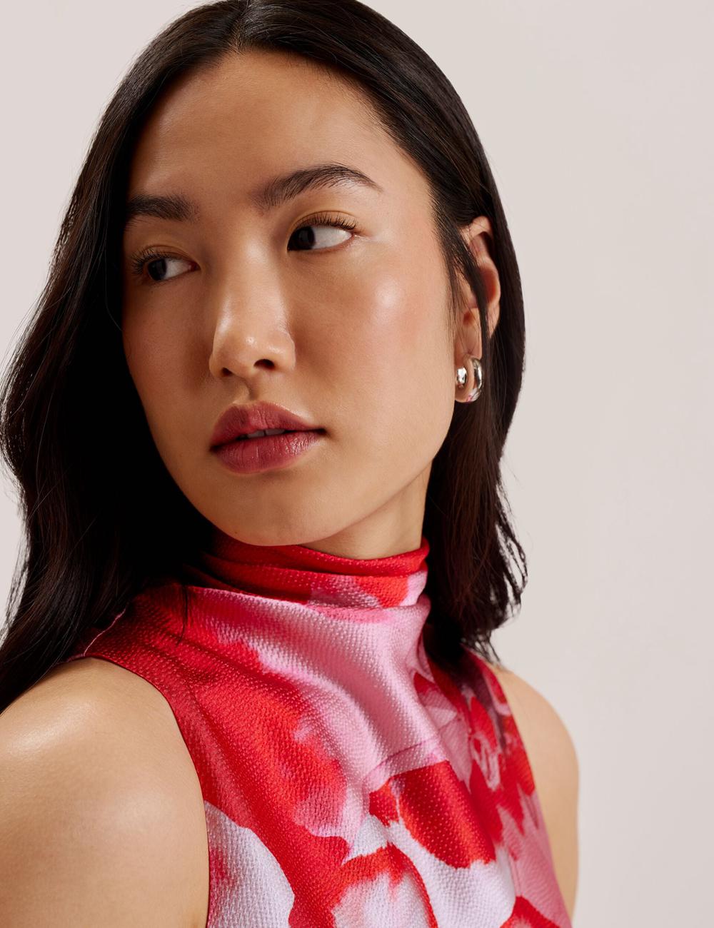 Red Women Ted Baker KOHANA - Floral Satin High Neck Sleeveless Top Blouses | SA  QCT-169743