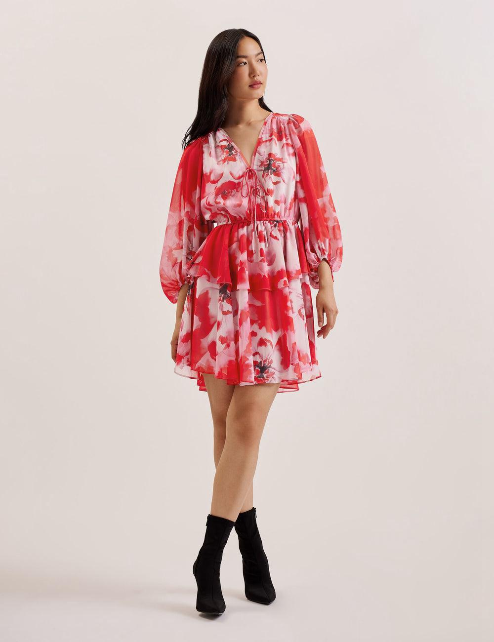 Red Women Ted Baker LEYNA - Floral Chiffon Front Mini Dresses | SA  WQL-310624