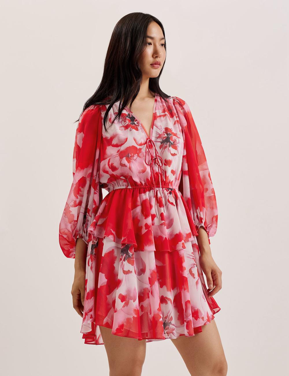 Red Women Ted Baker LEYNA - Floral Chiffon Front Mini Dresses | SA  WQL-310624