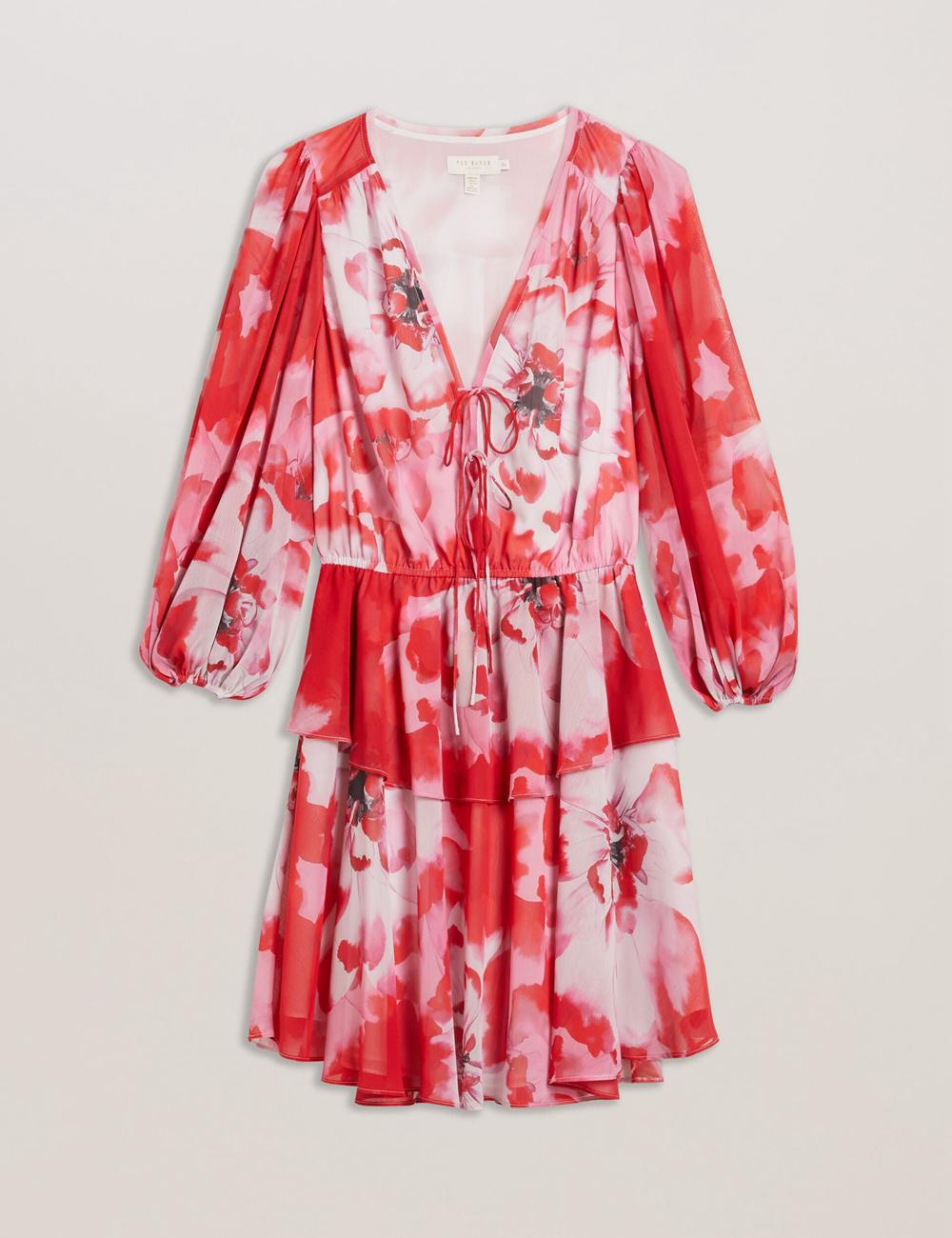 Red Women Ted Baker LEYNA - Floral Chiffon Front Mini Dresses | SA  WQL-310624