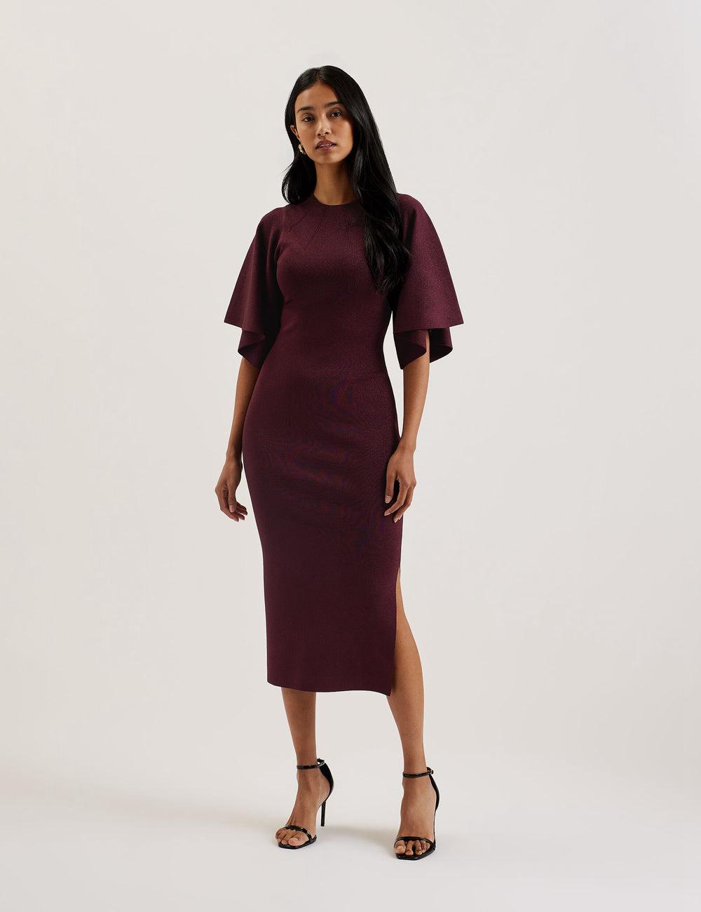 Red Women Ted Baker LOUANAA - Metallic Knit Fluted Sleeve Midi Dresses | SA  YAU-127368