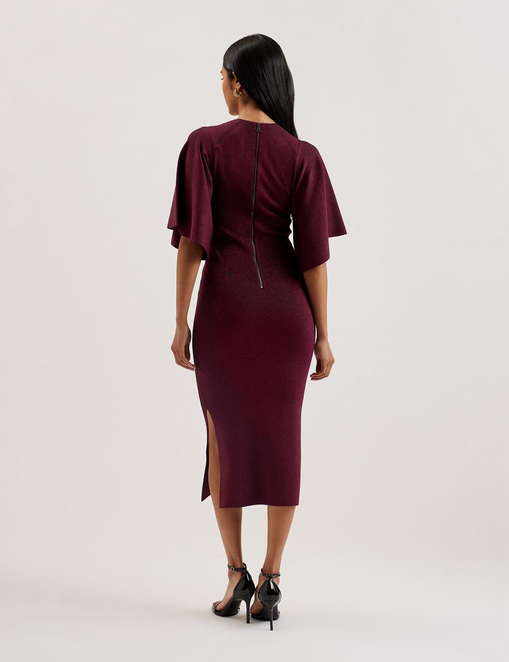 Red Women Ted Baker LOUANAA - Metallic Knit Fluted Sleeve Midi Dresses | SA  YAU-127368