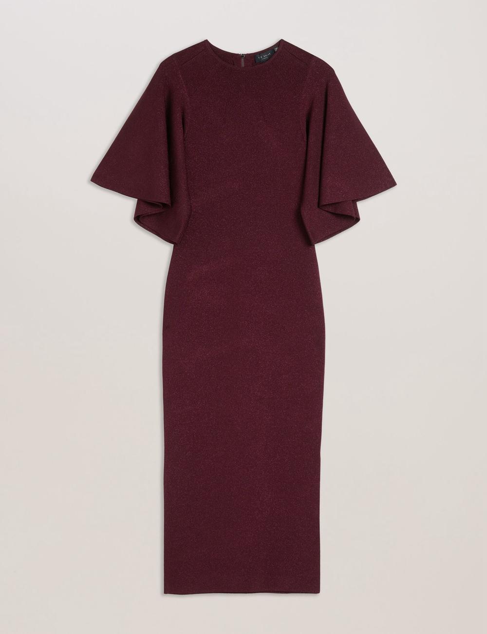 Red Women Ted Baker LOUANAA - Metallic Knit Fluted Sleeve Midi Dresses | SA  YAU-127368