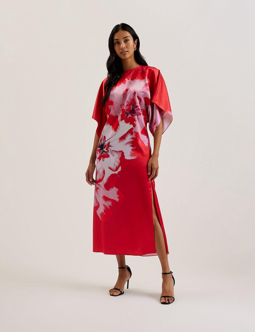 Red Women Ted Baker NASINU - Printed Satin Batwing Sleeve Midi Dresses | SA  NSR-247198