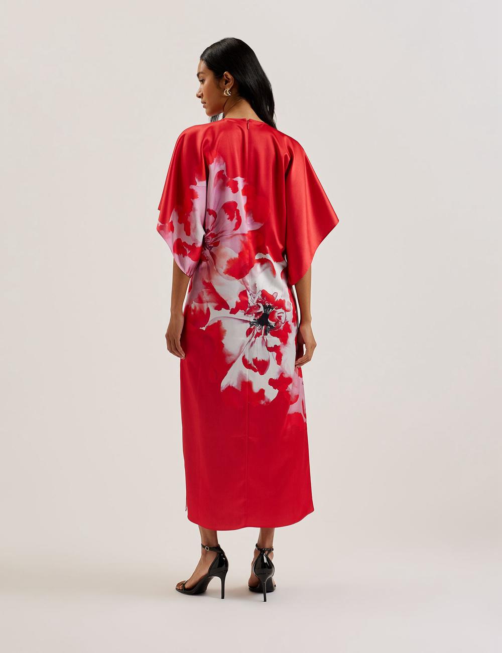 Red Women Ted Baker NASINU - Printed Satin Batwing Sleeve Midi Dresses | SA  NSR-247198