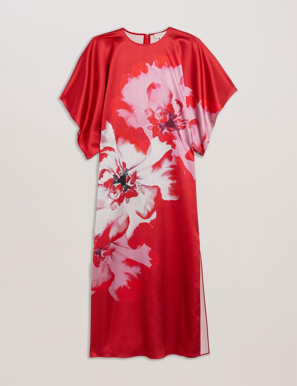 Red Women Ted Baker NASINU - Printed Satin Batwing Sleeve Midi Dresses | SA  NSR-247198