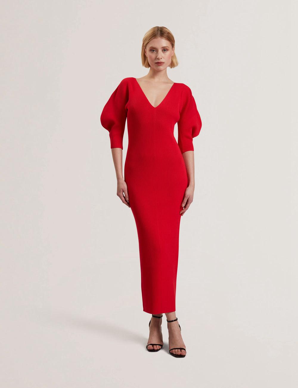 Red Women Ted Baker PRICILA - Shaped Sleeve Knitted Bodycon Midi Dresses | SA  XQP-610987