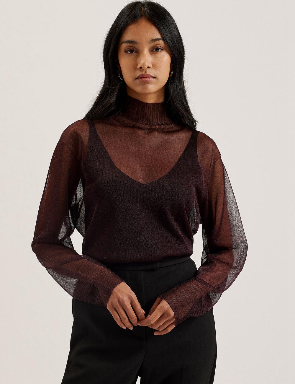 Red Women Ted Baker TAYLAW - Shimmer Sheer Knit Funnel Neck Top Jumpers | SA  KGP-812753