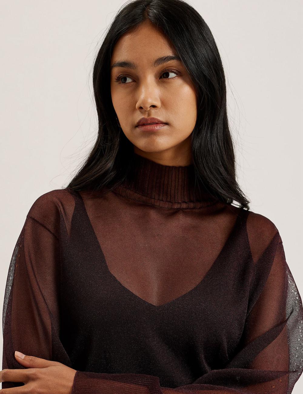 Red Women Ted Baker TAYLAW - Shimmer Sheer Knit Funnel Neck Top Jumpers | SA  KGP-812753