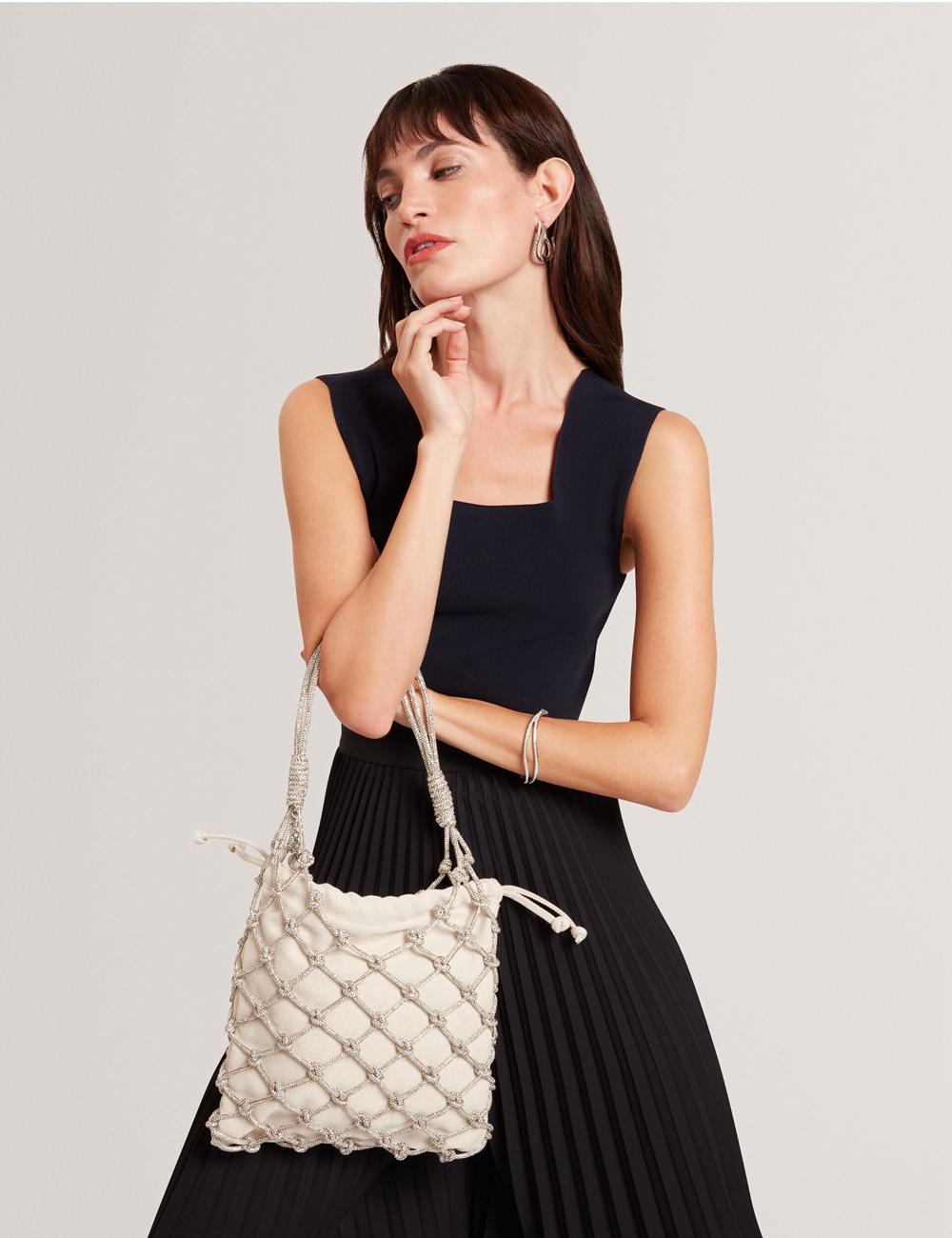 Silver Women Ted Baker KYLISA - Crystal Cage Top Handle Canvas Bucket Bags | SA  RQE-182643