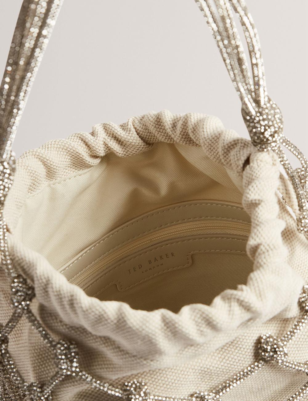 Silver Women Ted Baker KYLISA - Crystal Cage Top Handle Canvas Bucket Bags | SA  RQE-182643