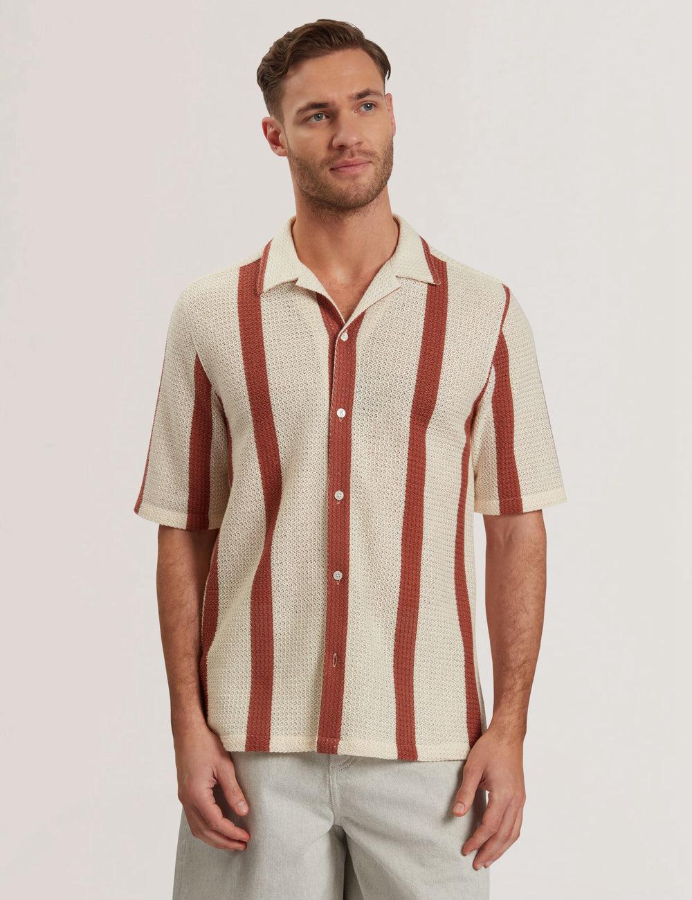 Taupe Men Ted Baker NIKS - Short Sleeve Stripe Crochet Oversized Casual Shirts | SA  SRI-541938