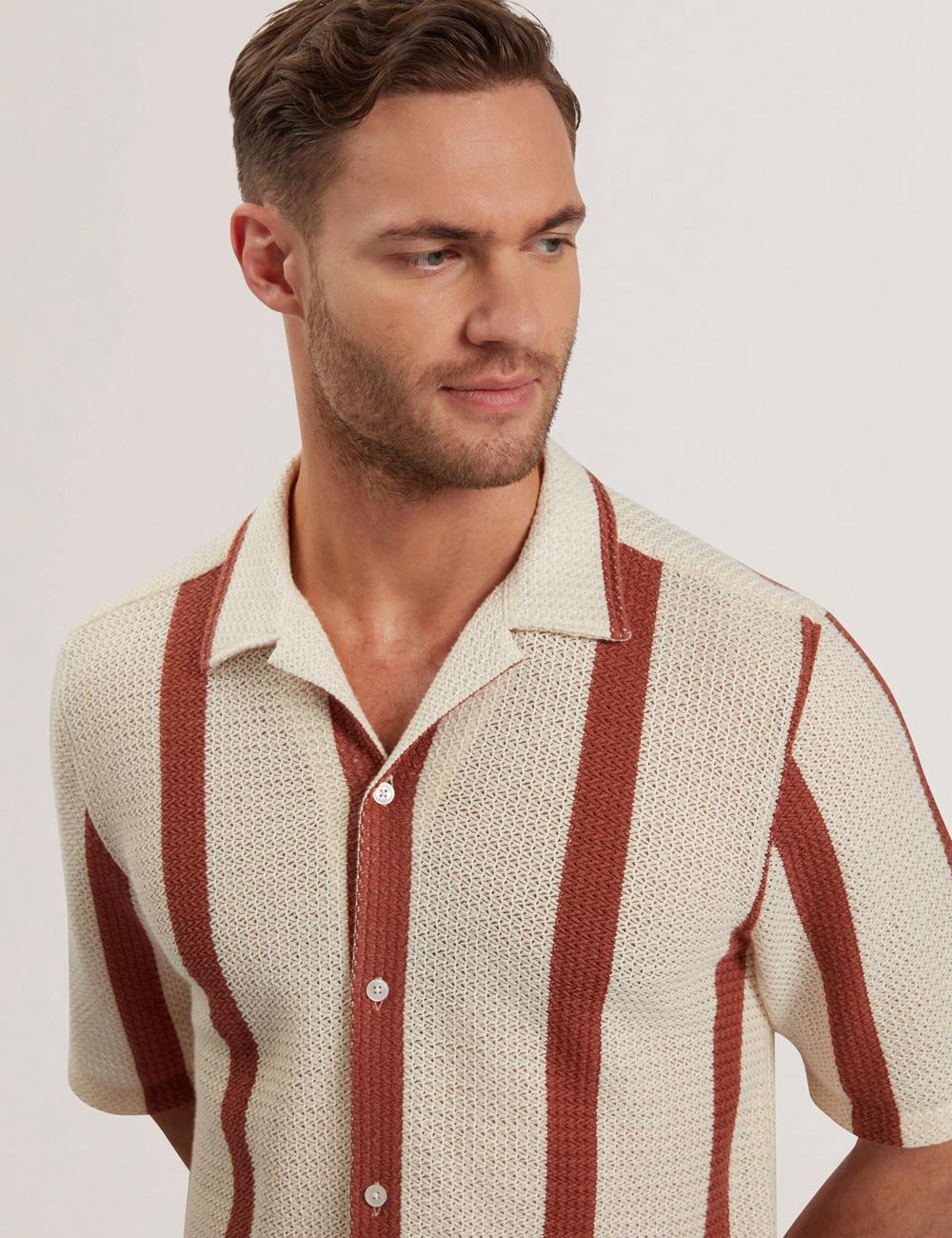 Taupe Men Ted Baker NIKS - Short Sleeve Stripe Crochet Oversized Casual Shirts | SA  SRI-541938