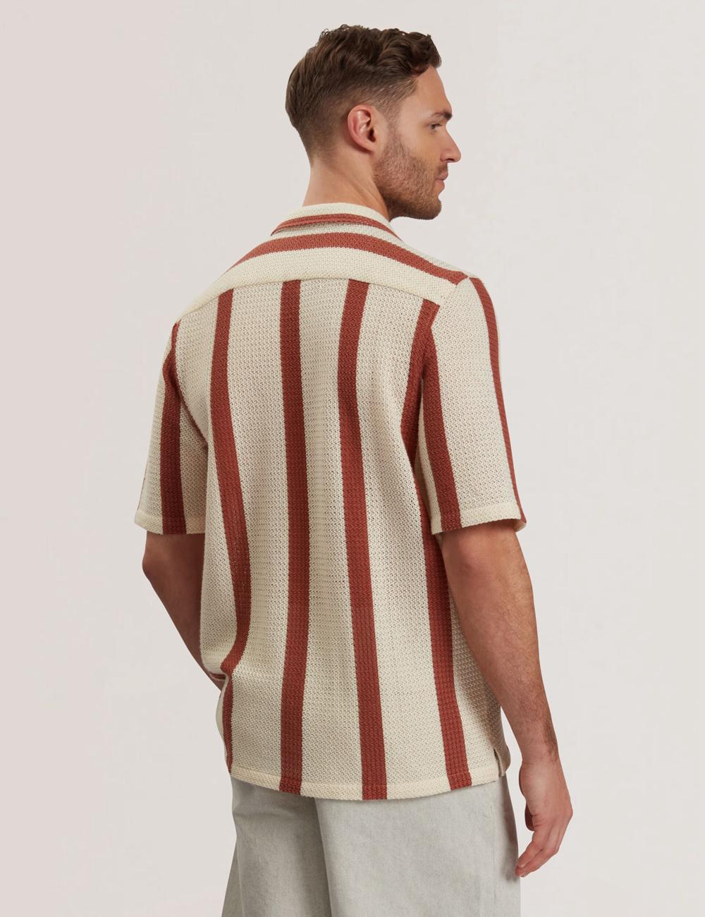 Taupe Men Ted Baker NIKS - Short Sleeve Stripe Crochet Oversized Casual Shirts | SA  SRI-541938