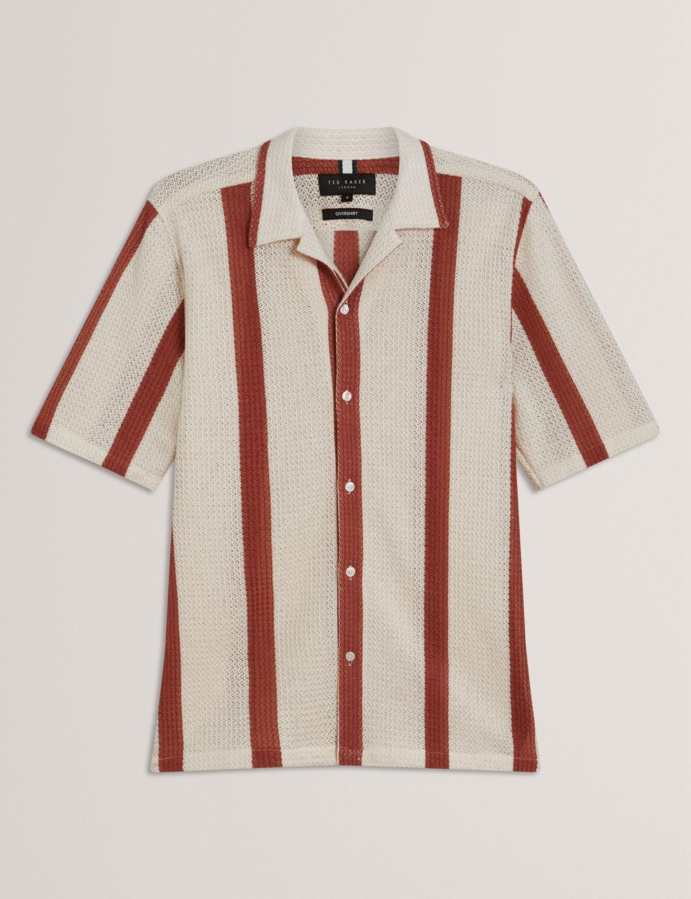 Taupe Men Ted Baker NIKS - Short Sleeve Stripe Crochet Oversized Casual Shirts | SA  SRI-541938