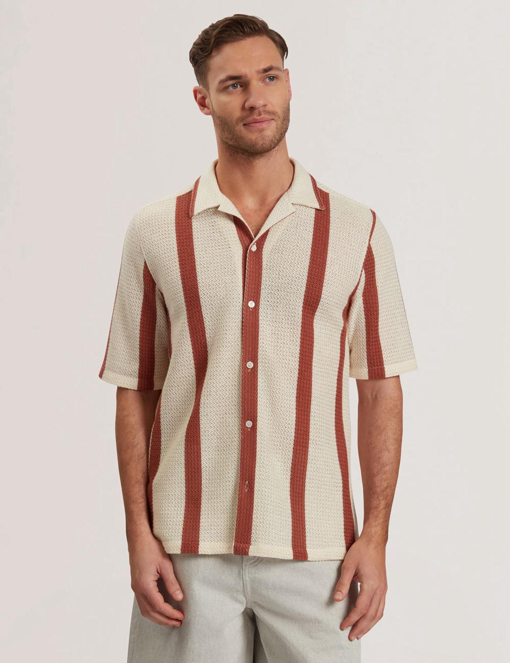 Taupe Men Ted Baker NIKS - Short Sleeve Stripe Crochet Oversized Casual Shirts | SA  SRI-541938
