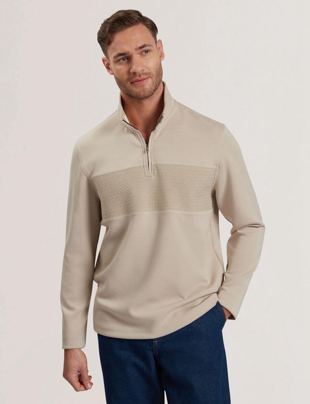 Taupe Men Ted Baker SIMONEA - Textured Panel Half-Zip Modal Sweatshirts | SA  AJB-641752