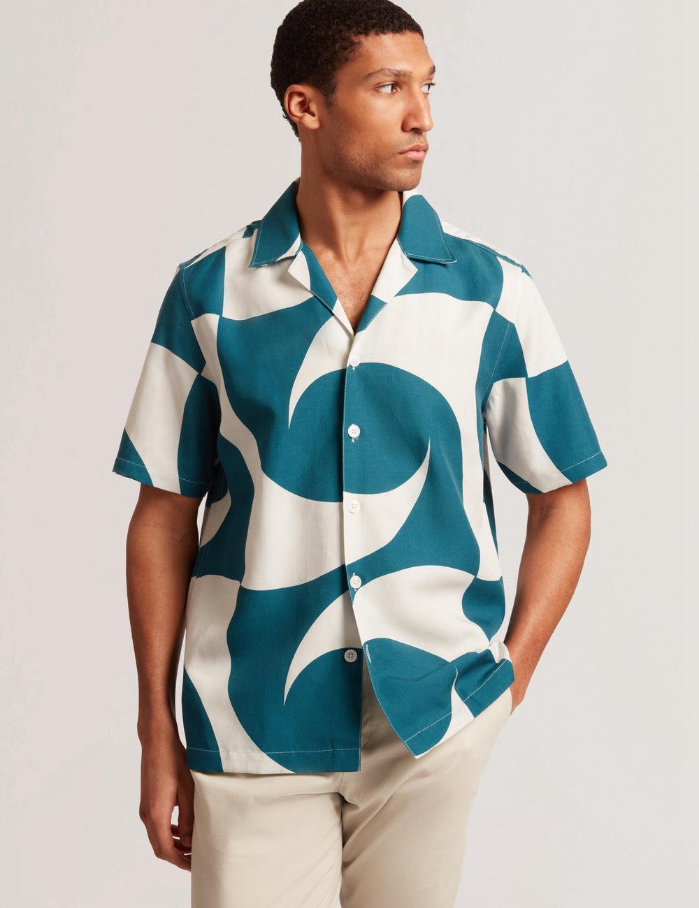 Turquoise Men Ted Baker ROLDAN - Short Sleeve Oversized Swirl Print Casual Shirts | SA  VEU-065327