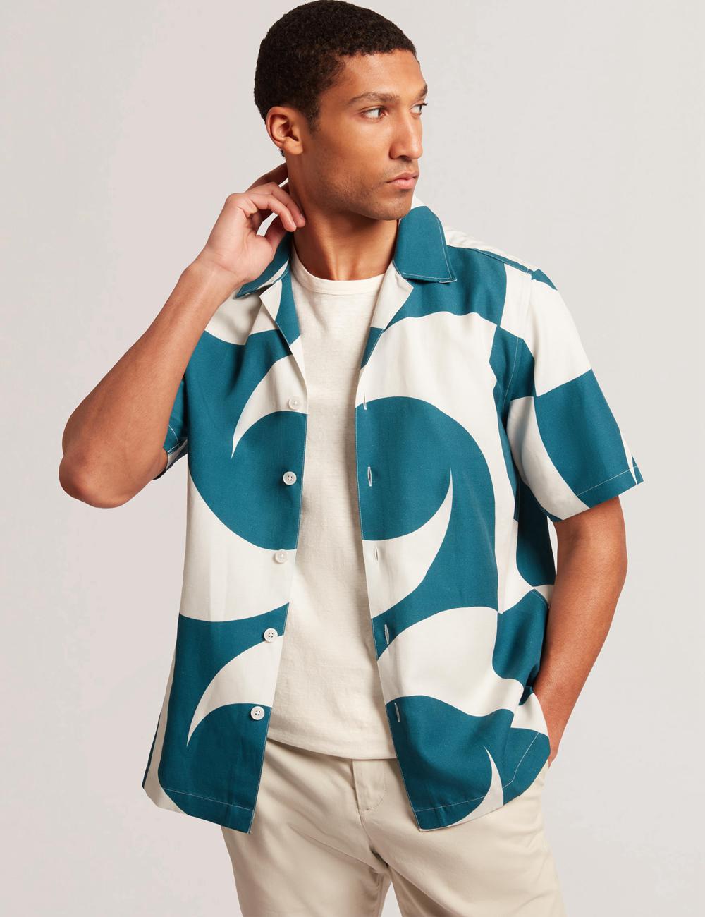 Turquoise Men Ted Baker ROLDAN - Short Sleeve Oversized Swirl Print Casual Shirts | SA  VEU-065327