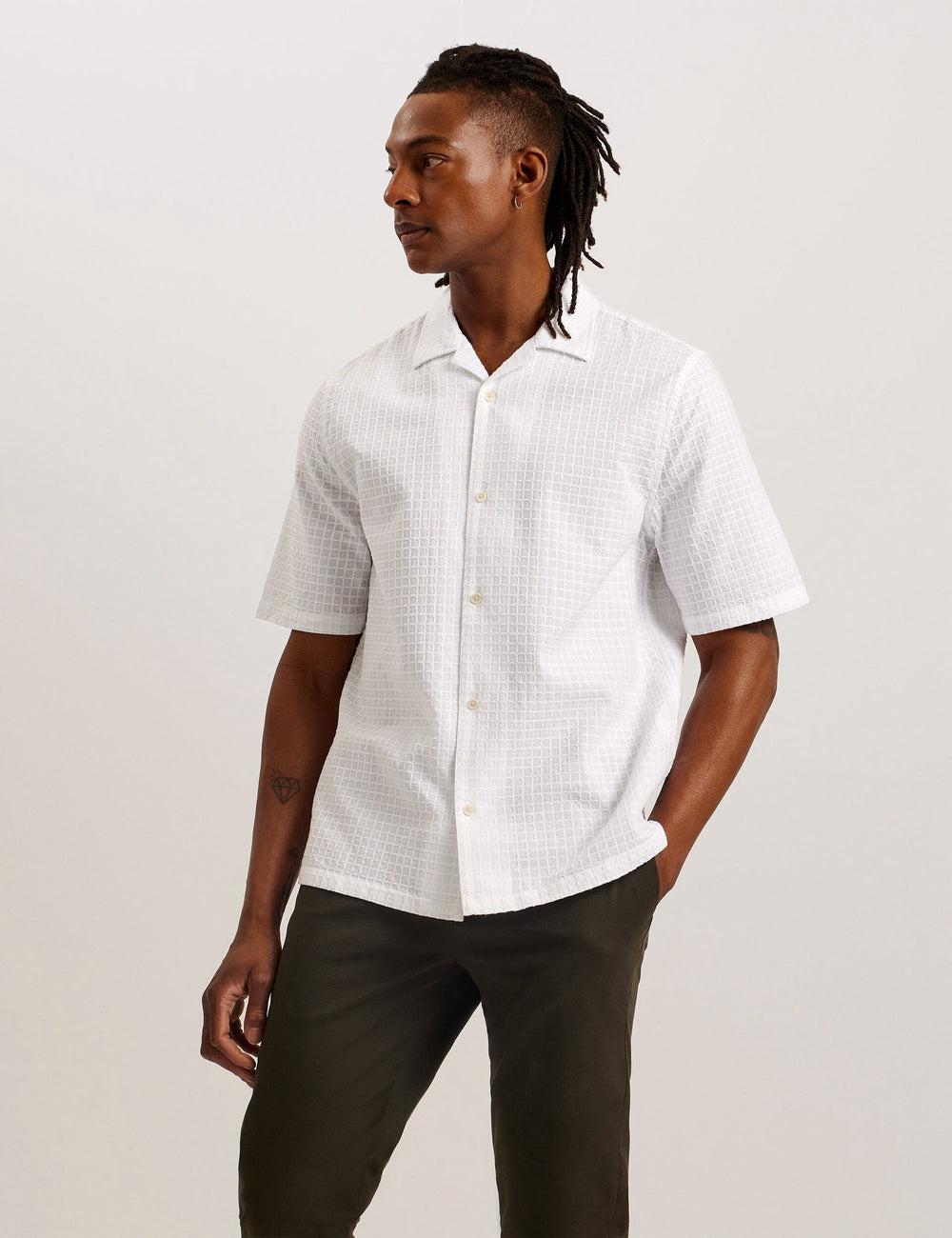 White Men Ted Baker OISE - Textured Grid Cotton Short Sleeve Casual Shirts | SA  XTG-418692