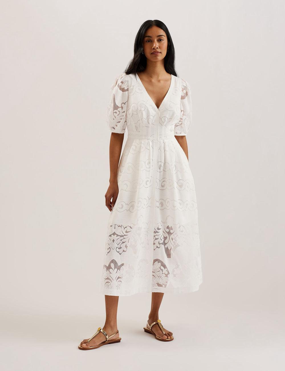 White Women Ted Baker AGNEL - Lace Puff Sleeve Cotton Blend Midi Dresses | SA  EKV-476301
