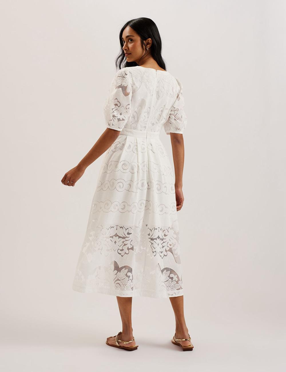 White Women Ted Baker AGNEL - Lace Puff Sleeve Cotton Blend Midi Dresses | SA  EKV-476301