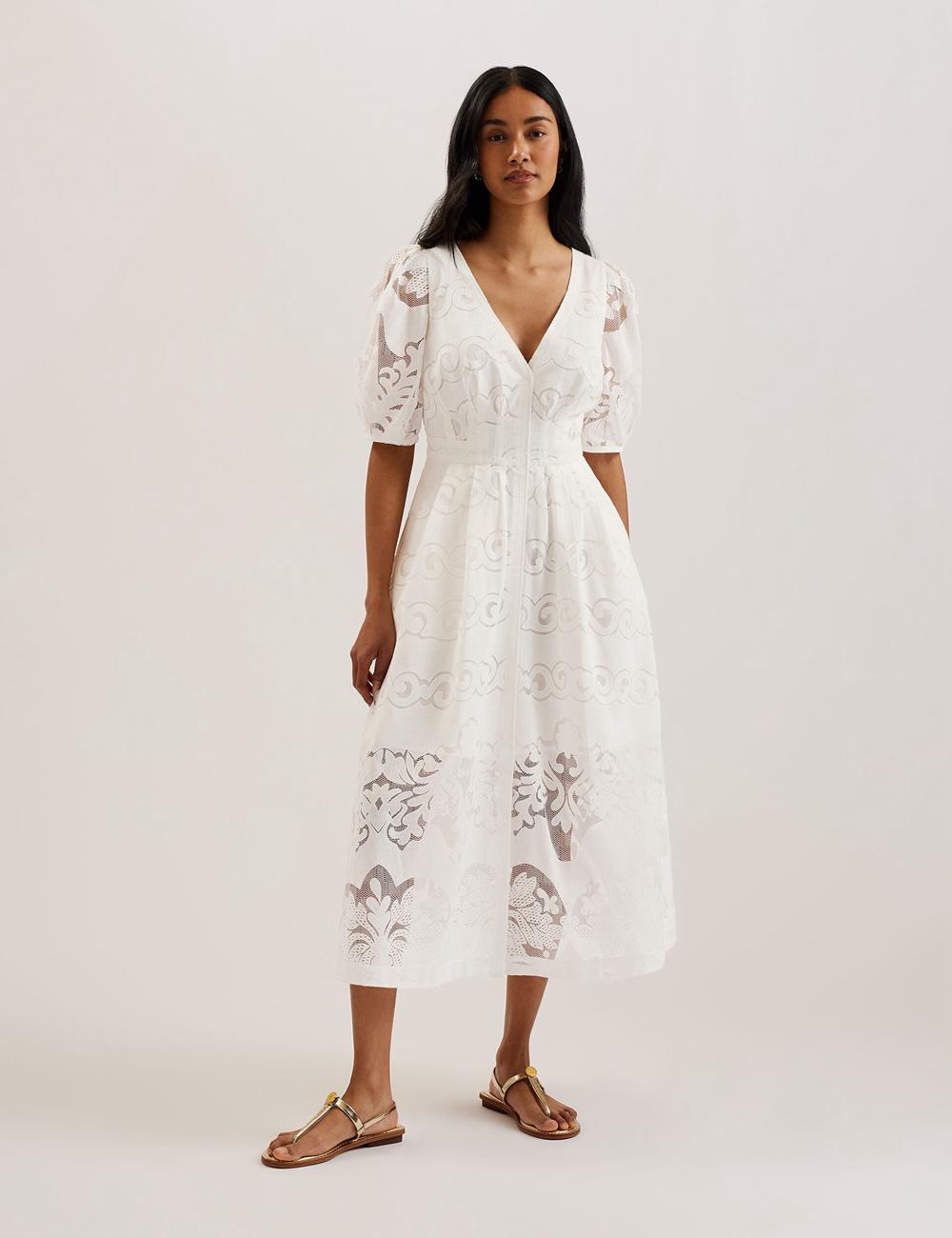 White Women Ted Baker AGNEL - Lace Puff Sleeve Cotton Blend Midi Dresses | SA  EKV-476301
