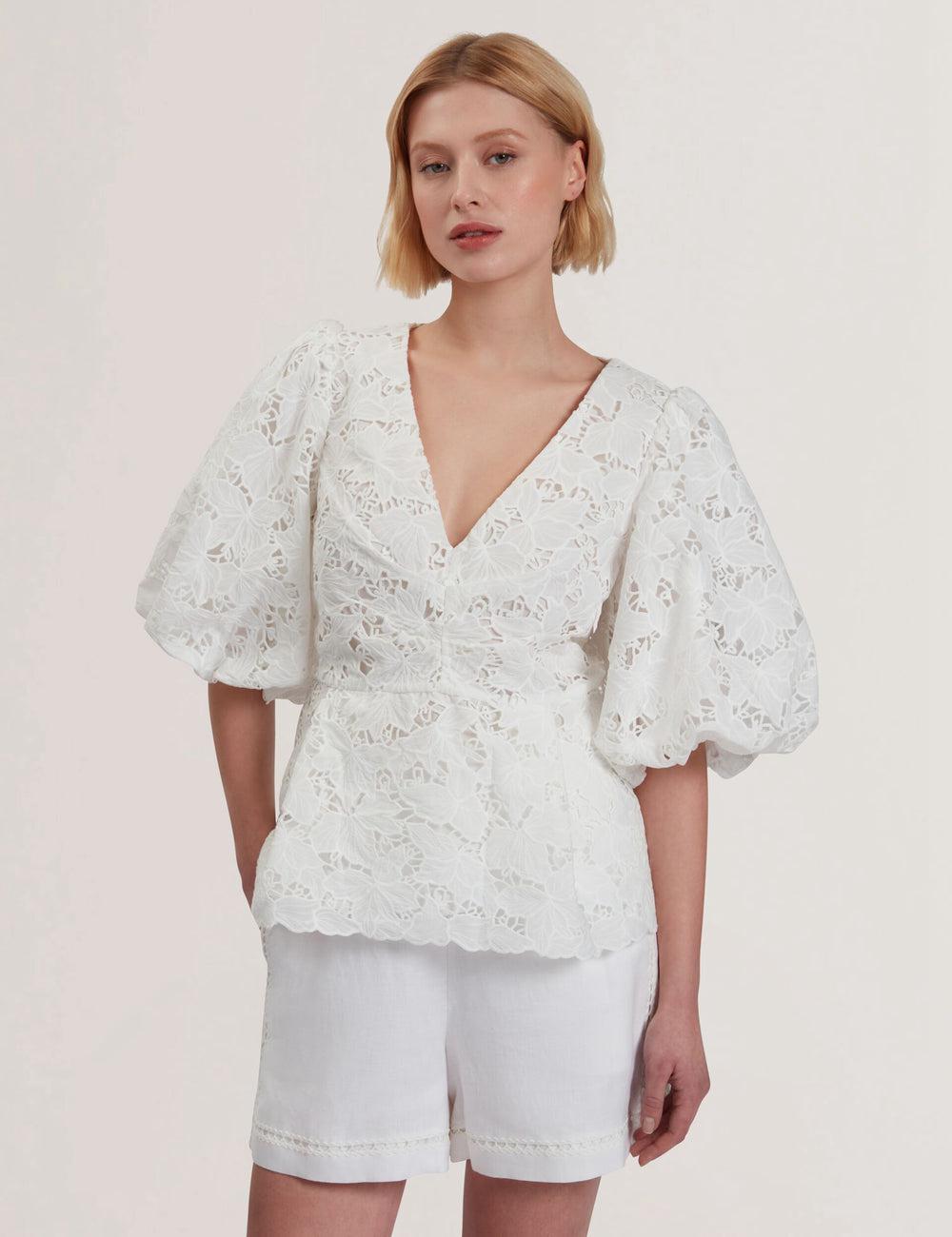 White Women Ted Baker ELLARI - Lace Puff Sleeve V-Neck Peplum Tops | SA  NRK-057496