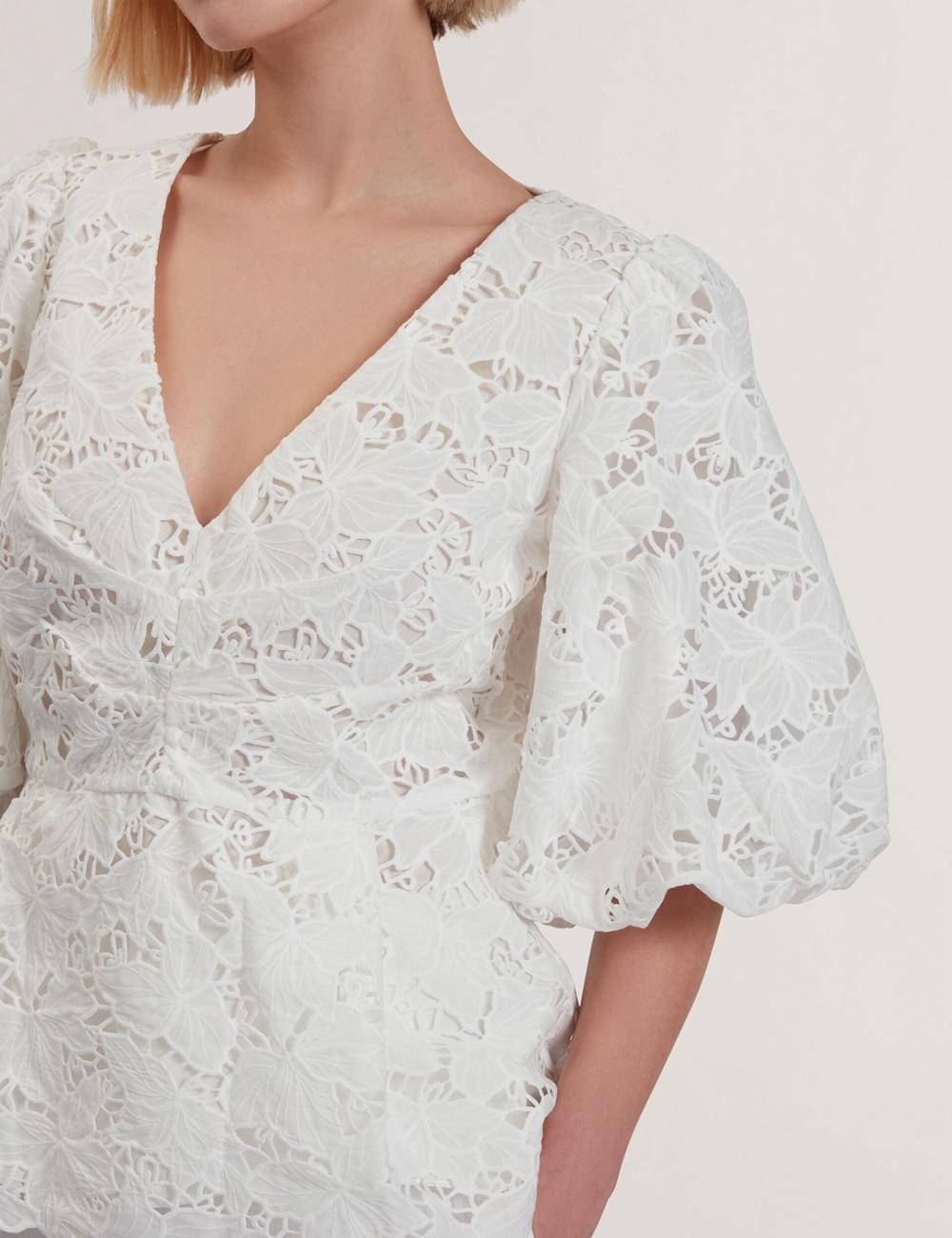 White Women Ted Baker ELLARI - Lace Puff Sleeve V-Neck Peplum Tops | SA  NRK-057496