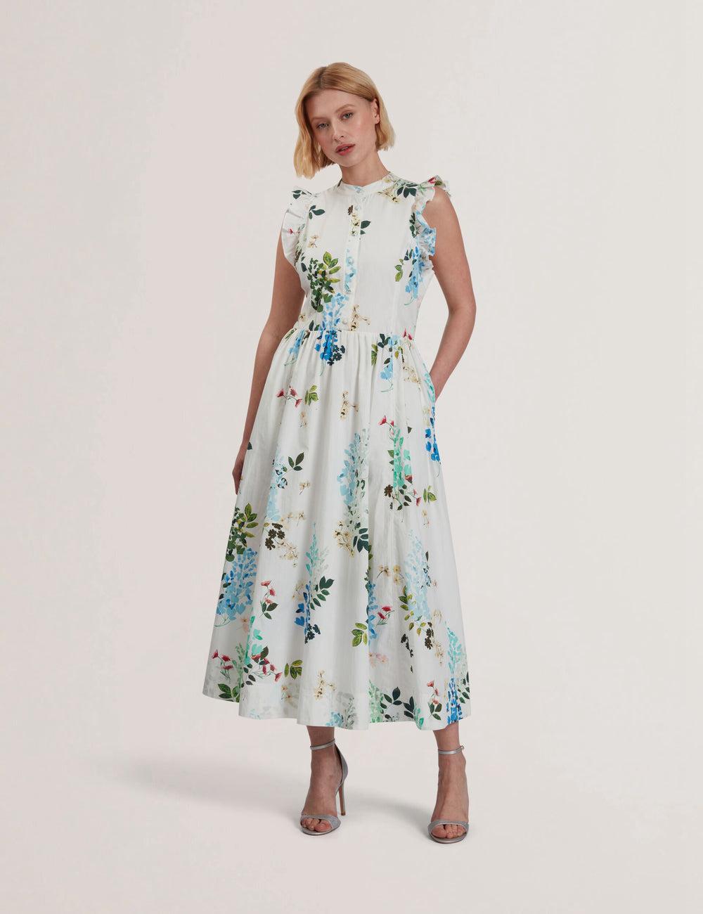 White Women Ted Baker GIOLIA - Sleeveless Floral Cotton A-Line Midi Dresses | SA  QVH-698472