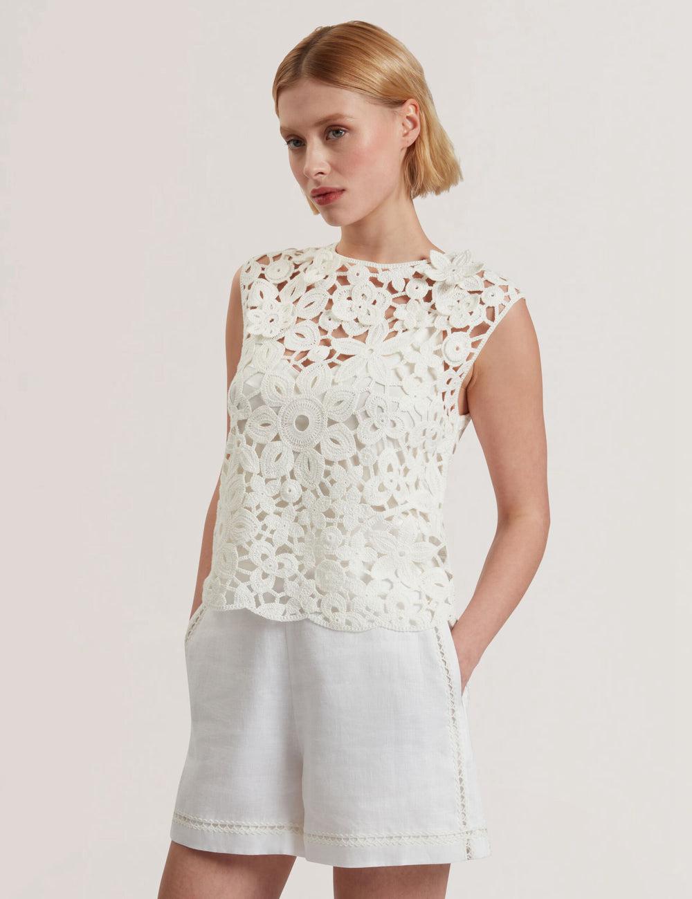 White Women Ted Baker JOYYRA - Floral Crochet Knit Sleeveless Tops | SA  TNX-586703