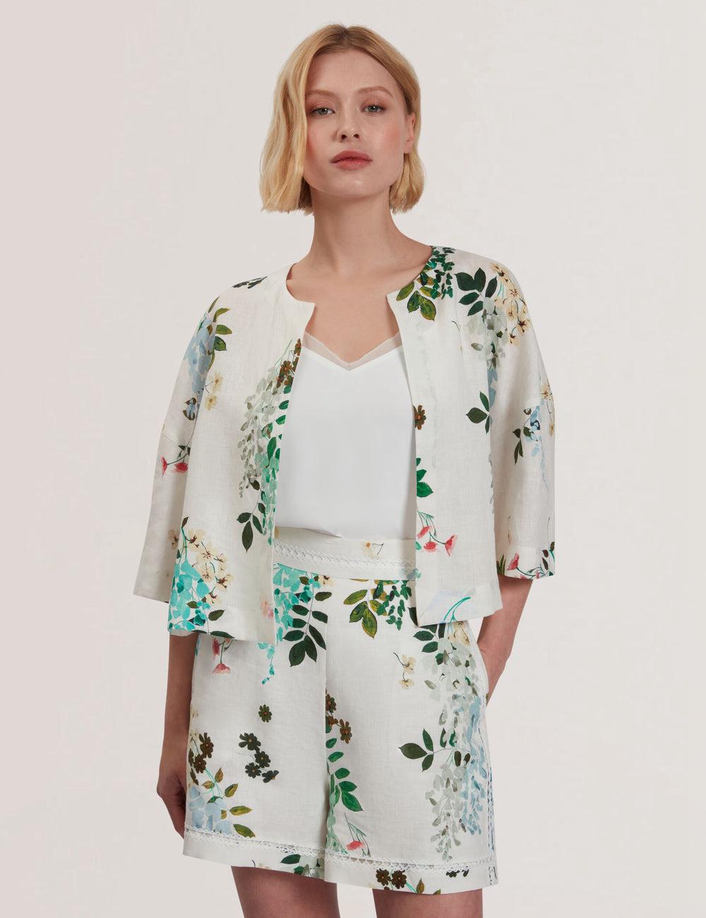 White Women Ted Baker KALNA - Printed Linen Short Sleeve Cropped Shirt Tops | SA  OXB-564308