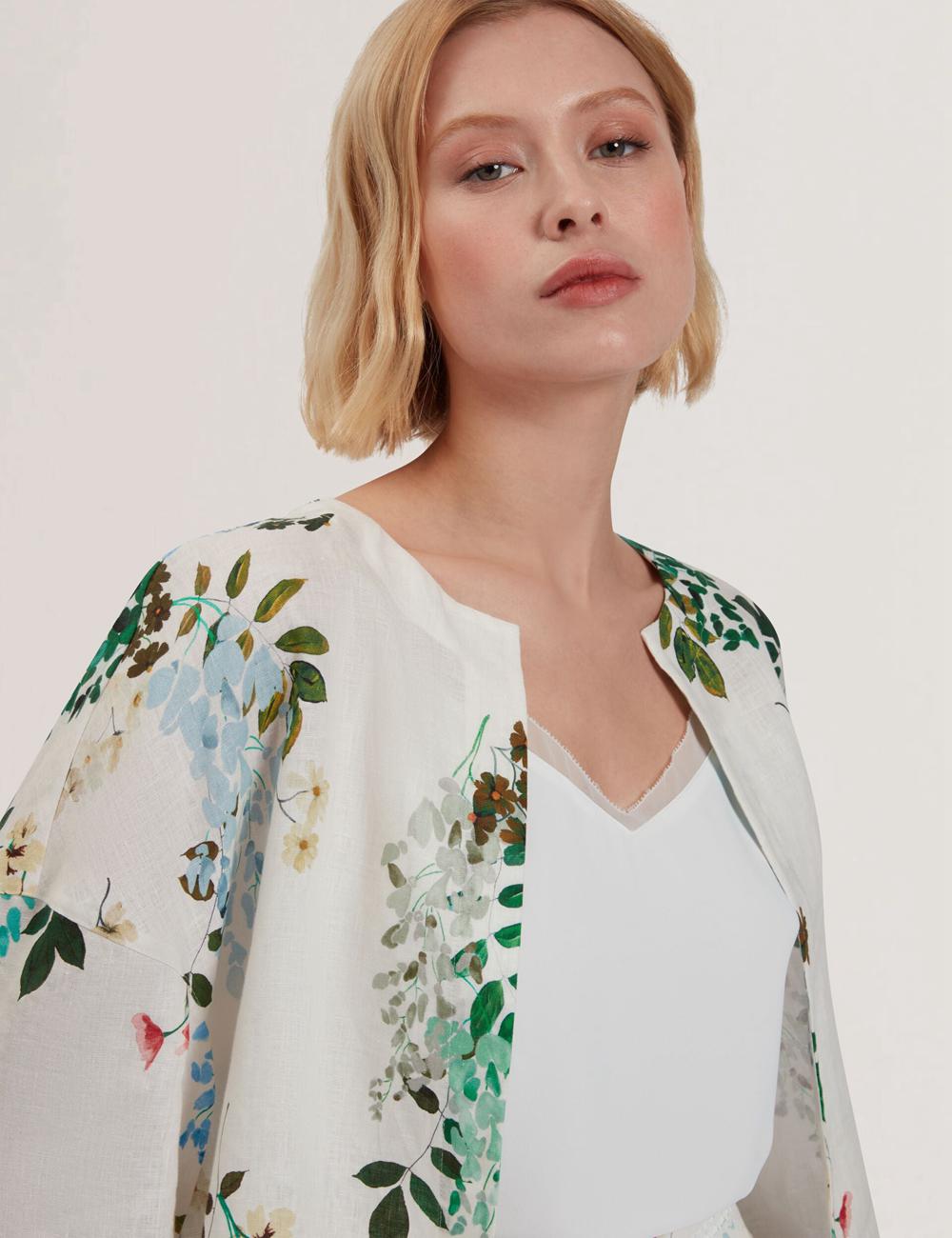 White Women Ted Baker KALNA - Printed Linen Short Sleeve Cropped Shirt Tops | SA  OXB-564308