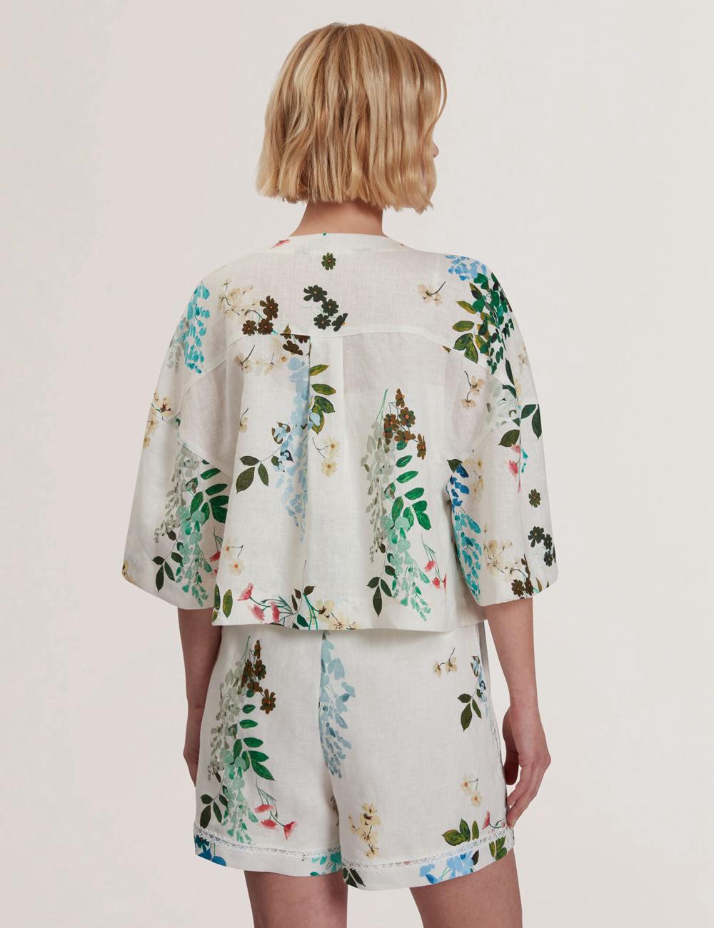 White Women Ted Baker KALNA - Printed Linen Short Sleeve Cropped Shirt Tops | SA  OXB-564308