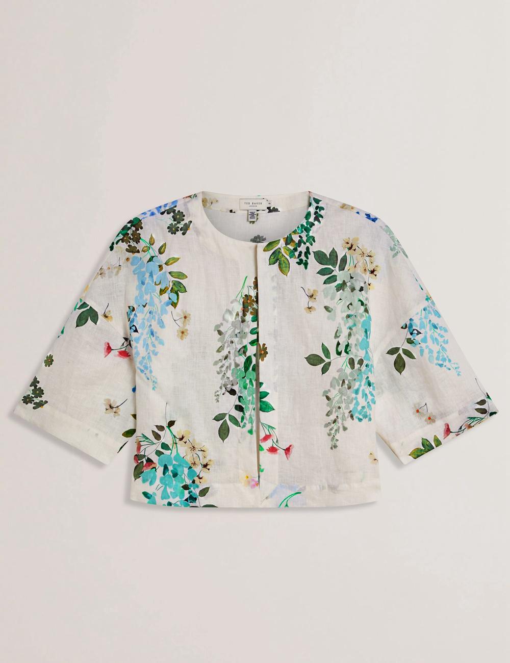 White Women Ted Baker KALNA - Printed Linen Short Sleeve Cropped Shirt Tops | SA  OXB-564308