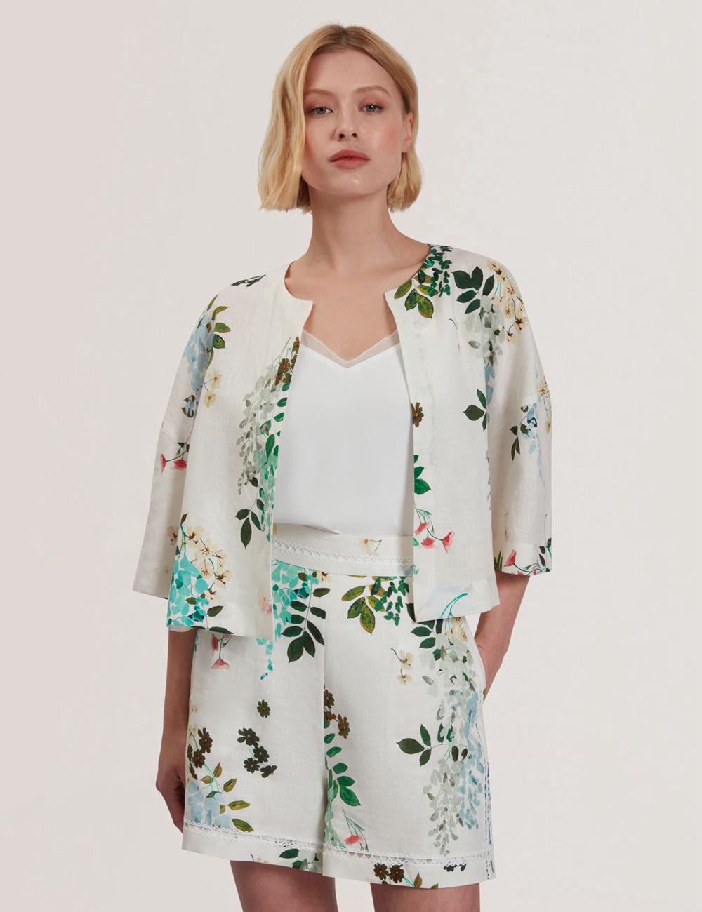 White Women Ted Baker KALNA - Printed Linen Short Sleeve Cropped Shirt Tops | SA  OXB-564308
