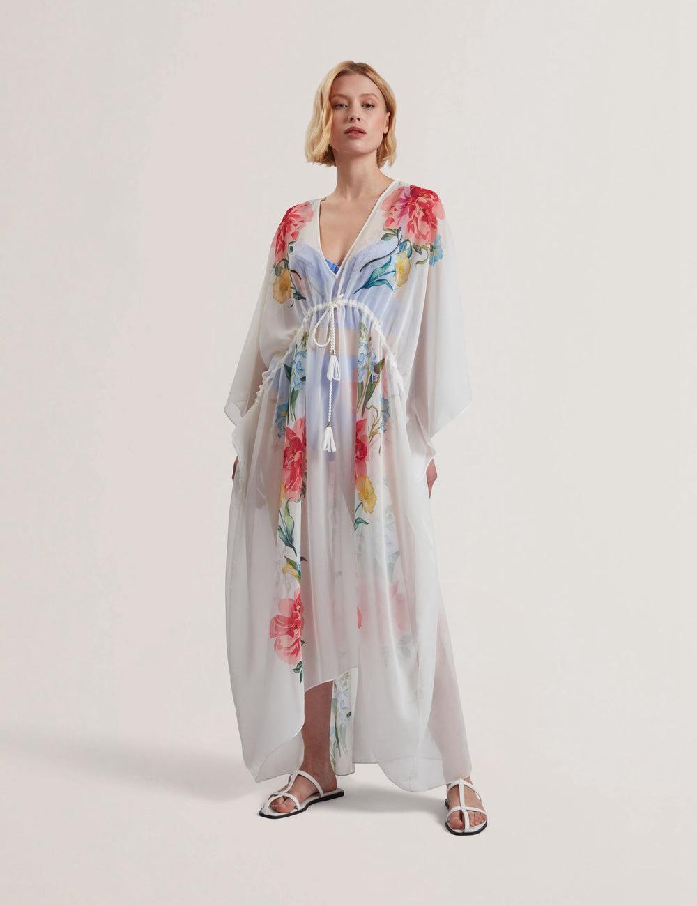 White Women Ted Baker LUUSAA - Floral V-Neck Maxi Kaftan Beach Dress Cover Ups | SA  QZX-810524
