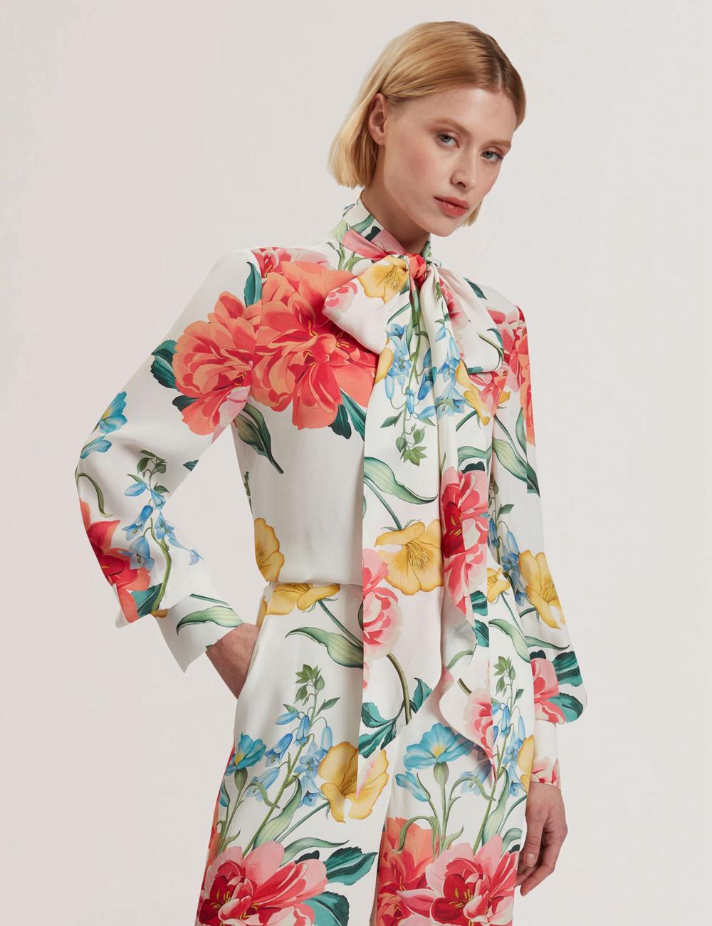 White Women Ted Baker LUUSILE - Floral Print Neck Long Sleeve Blouses | SA  HTR-025347