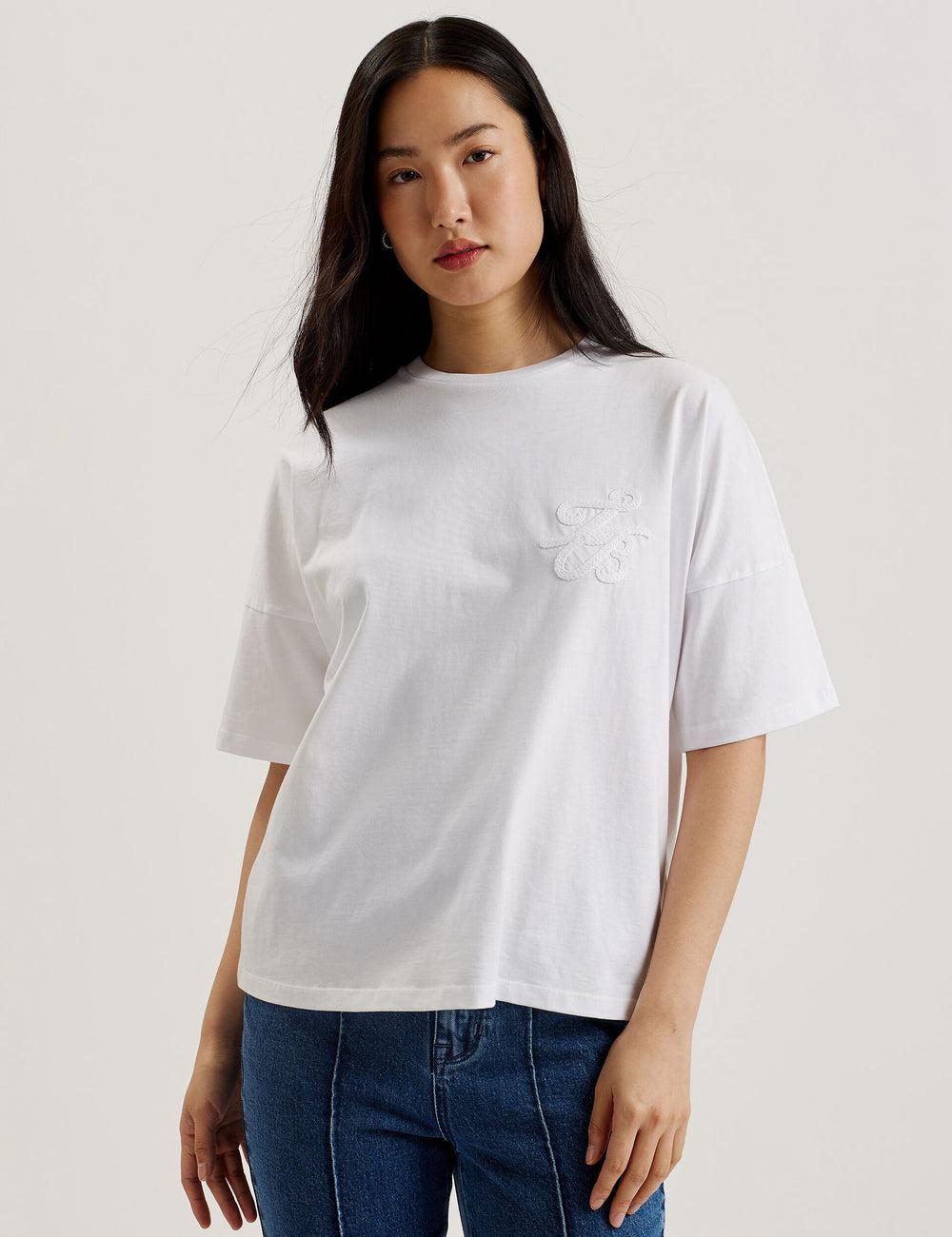 White Women Ted Baker MALORRY - Embroidered Logo Boxy Cotton T-Shirts | SA  LEN-435928