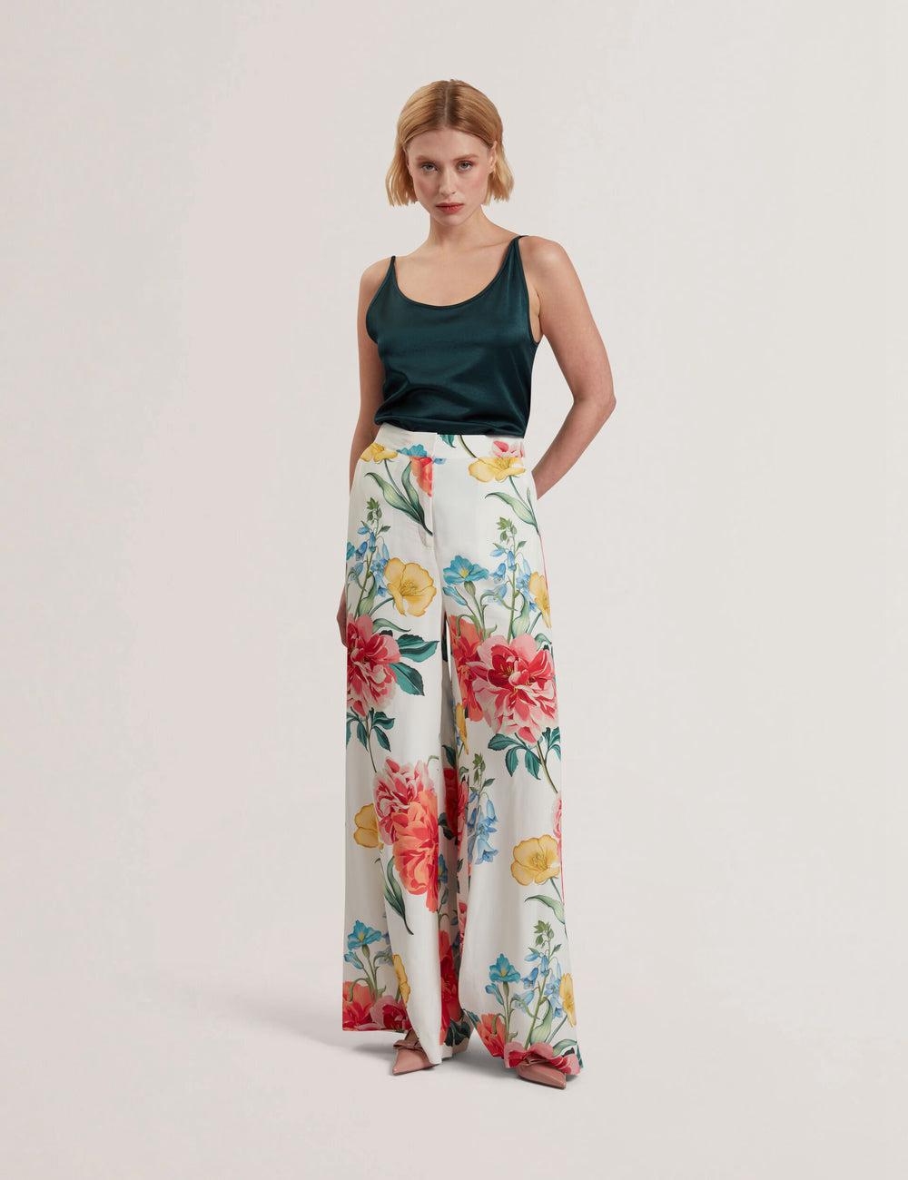 White Women Ted Baker NYMPHAT - Floral Print High Waisted Wide Leg Trousers | SA  QRH-403657